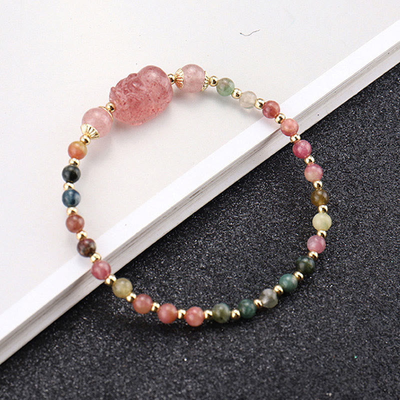 Bransoletka ochronna z Buddha Stones , naturalnym turmalinem, granatem i kwarcem truskawkowym PiXiu Moonstone