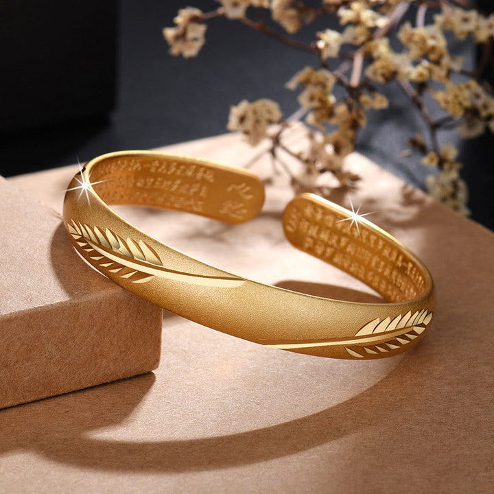 Buddha Stones Pióro Sutra Serca Grawerowany Wzór Bogactwo Miedziana Bransoletka Mankietowa Bangle