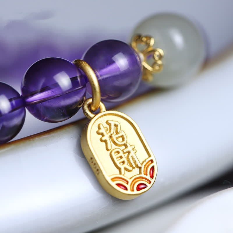 Buddha Stones Naturalny Ametyst Kryształ Hetian Jade Healing Charm Bransoletka