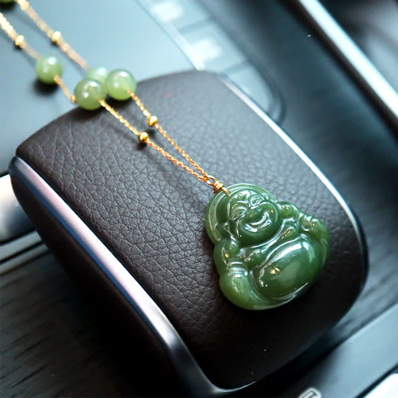 Śmiejący się Budda Hetian Jade Luck Naszyjnik Koralikowy Łańcuch Wisiorek - image 2