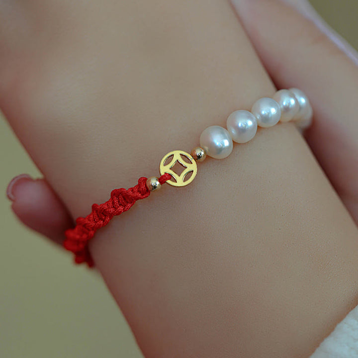 Bransoletka z czerwonego sznurka z perłowymi koralikami i powłoką ochronną 14K Gold