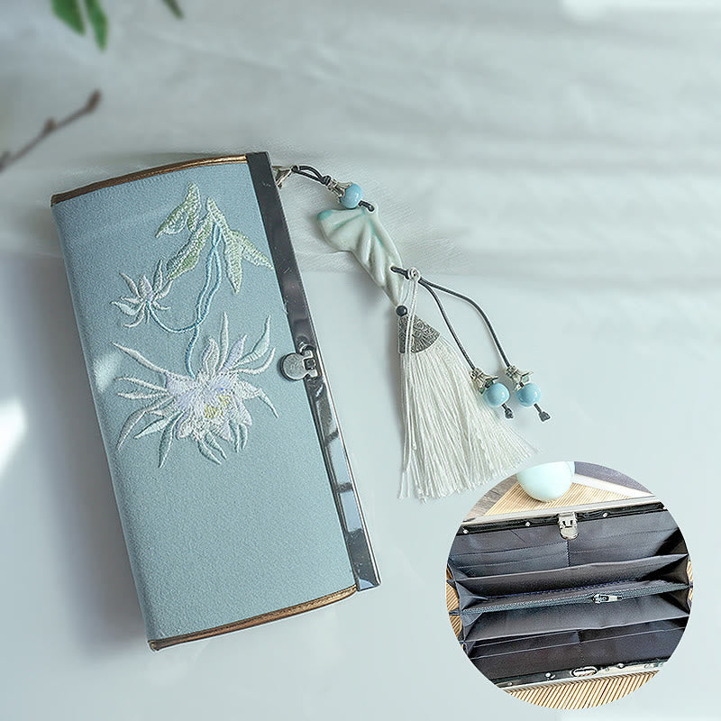 Buddha Stones Kwiat Śliwka Brzoskwinia Bambus Dwustronny haft Duża pojemność Portfel na gotówkę Portfel na zakupy - image 1