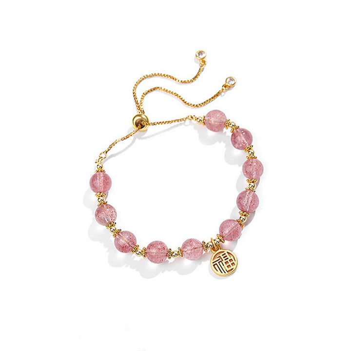 Bransoletka z Buddha Stones 14K pozłacana naturalna truskawka kwarc Fu Character Positive Charm