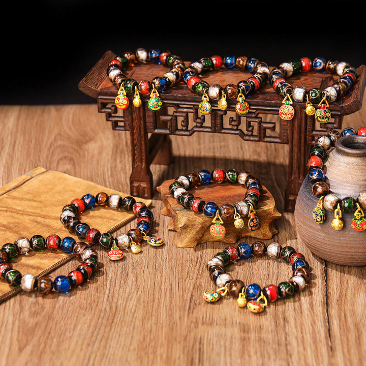 Buddha Stones Pięć Elementów Złota Połykająca Bestia Rodzina Charm Liuli Szklana Koralik Bransoletka Szczęścia