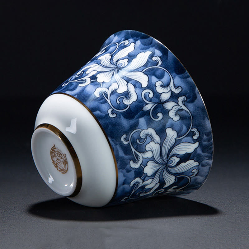 Buddha Stones Kolorowe Kwiaty Orchidea Fale Morskie Niebiesko-Biała Porcelana Ceramiczna Filiżanka Do Herbaty Kung Fu