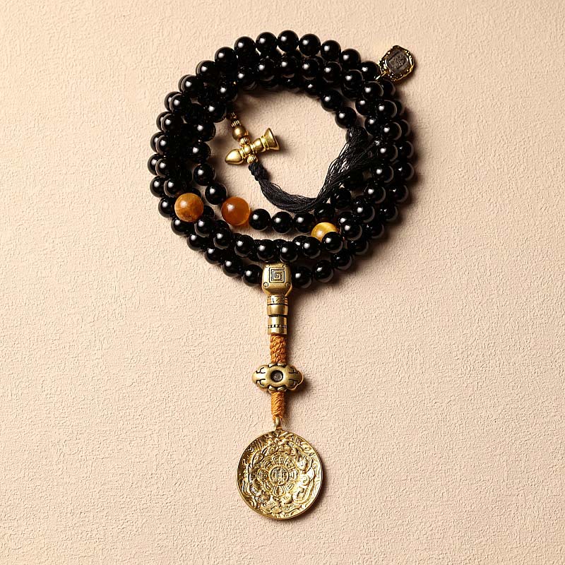 Buddha Stones Tybetańskie 108 Mala Koraliki Czarny Onyks Tygrysie Oko Dziewięć Pałaców Bransoletka Ochronna Bagua