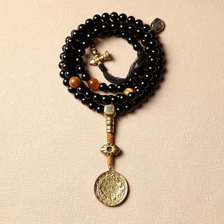 Buddha Stones Tybetańskie 108 Mala Koraliki Czarny Onyks Tygrysie Oko Dziewięć Pałaców Bransoletka Ochronna Bagua