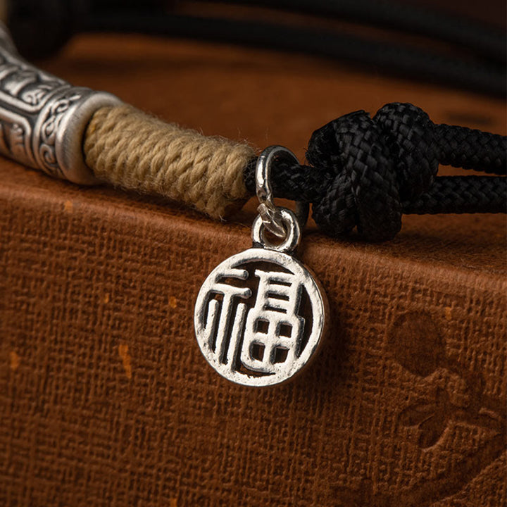 Buddha Stones 999 Srebro Sterlingowe Tybet Ręcznie Robione Om Mani Padme Hum Fu Charakter TopRank Charakter Szczęście Bransoletka Pleciona
