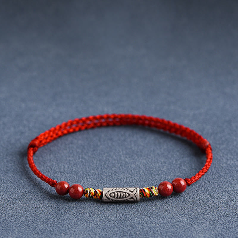 Buddha Stones 925 Srebro Sterling Ryba Koi Koralik Cynober Bogactwo Ręcznie Robiona Bransoletka Pleciona Bransoletka na Nogę