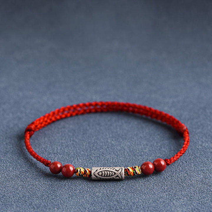 Buddha Stones 925 Srebro Sterling Ryba Koi Koralik Cynober Bogactwo Ręcznie Robiona Bransoletka Pleciona Bransoletka na Nogę