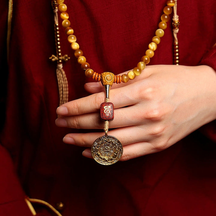 Buddha Stones 108 Mala Koraliki Naturalne Tygrysie Oko Miedź Dorje Ochrona Bransoletka z Chwostem
