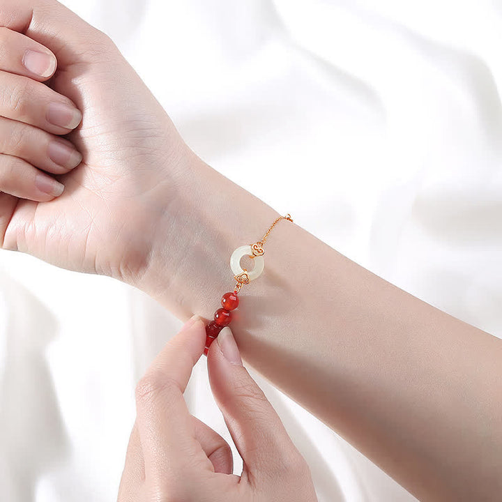 Buddha Stones 925 Sterling Silver Natural Red Agat White Jade Peace Buckle Confidence