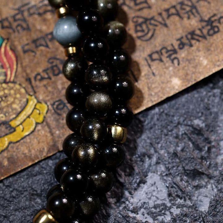 Buddha Stones 108 Mala Beads Złoty połysk Obsydian Tygrysie Oko Orle Oko Kamień Bransoletka Bogactwa