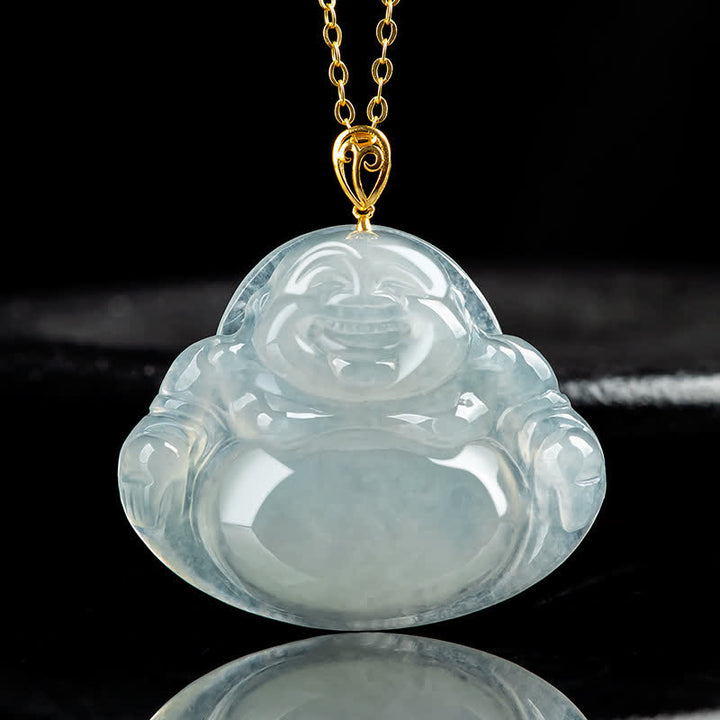 Śmiejący się Budda Naturalny Jade 18K Złoty Naszyjnik Obfitość Wisiorek - Jadeit - image 1