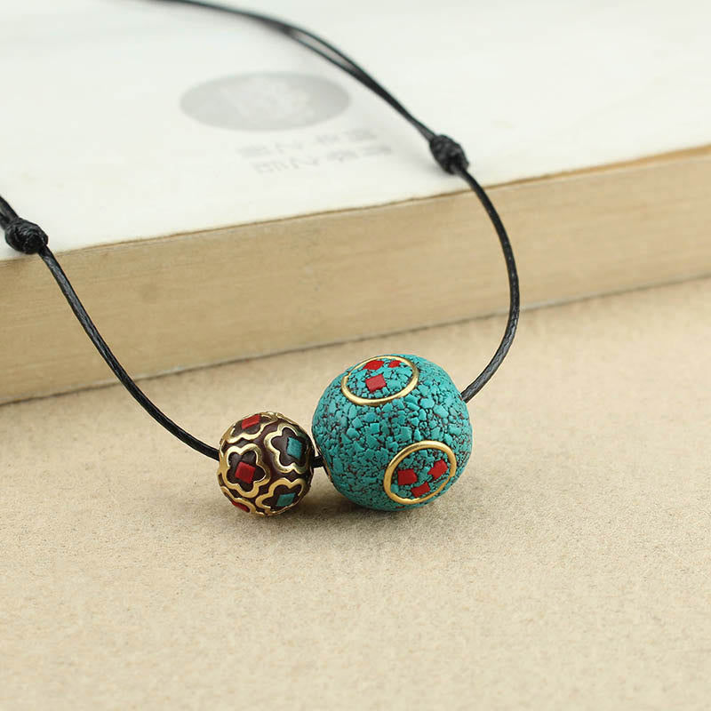 Buddha Stones Tybetański Turkus Podwójny Koralik Ochrona Siła Naszyjnik Wisiorek