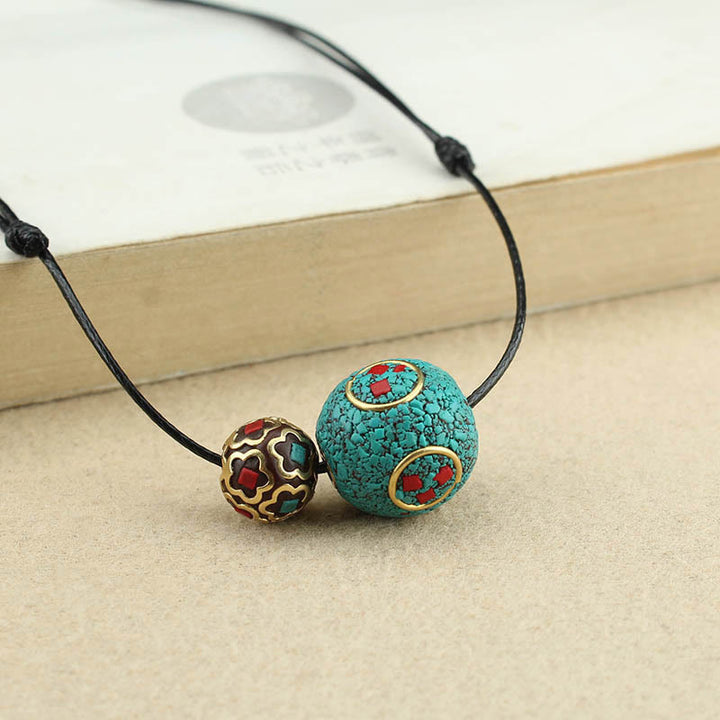 Buddha Stones Tybetański Turkus Podwójny Koralik Ochrona Siła Naszyjnik Wisiorek