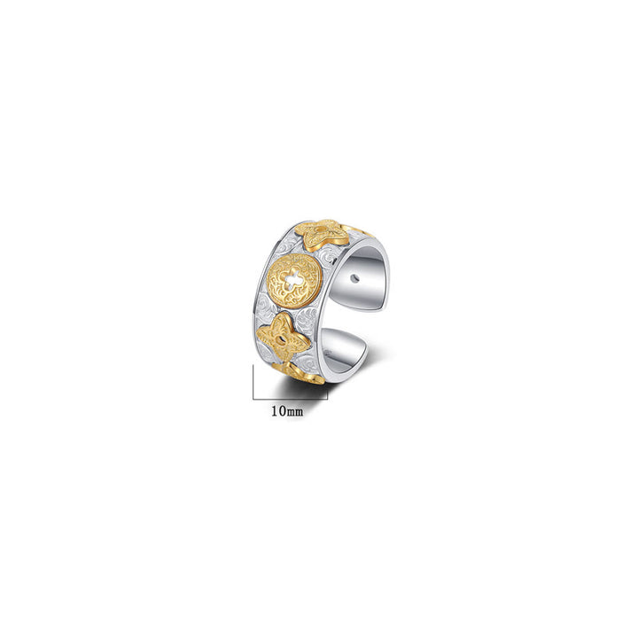 Pierścionek szczęścia z motywem kwiatów z dynastii Tang , Buddha Stones, 925 Sterling Silver