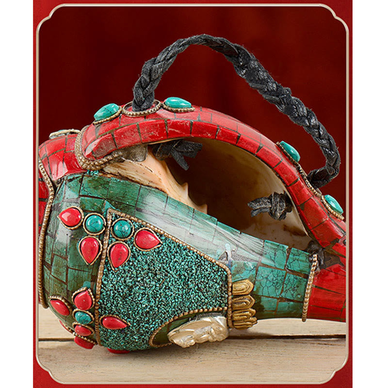 Tybetańska, ręcznie robiona Shankha Om Mani Padme Hum Budda Avalokitesvara turkusowa muszla pozytywna dekoracja - image 8