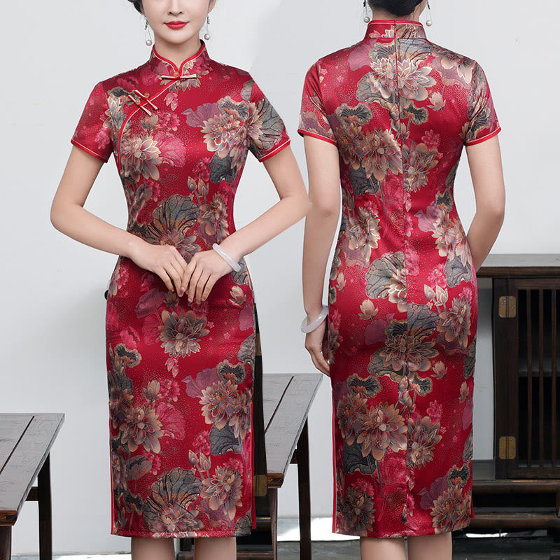 Buddha Stones Retro Kwiat Lotos Piwonia Pióro Druk Qipao Sukienka Damska Cheongsam Sukienka - Wino Czerwony Lotos - US16, UK/AU20, EU48 (5XL) - image 14