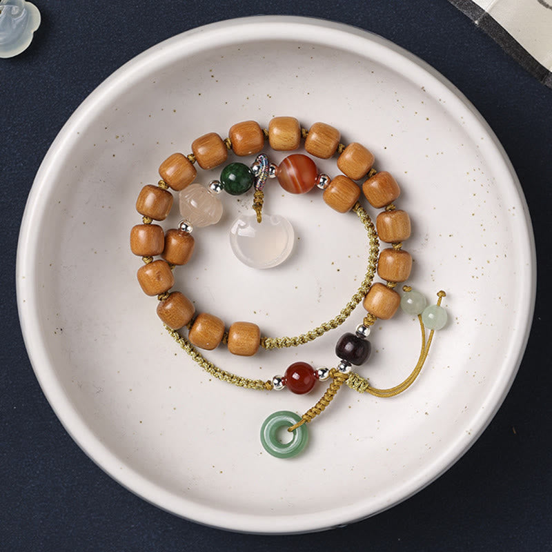 Buddha Stones Drzewo Sandałowe Chalcedon Pokojowa Klamra Uspokajająca Podwójna Bransoletka Owijana