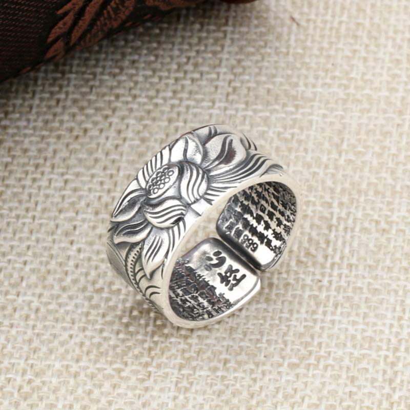 Buddha Stones 999 Srebrny Pierścień Ochronny Symbol Lotosu Sutra Serca