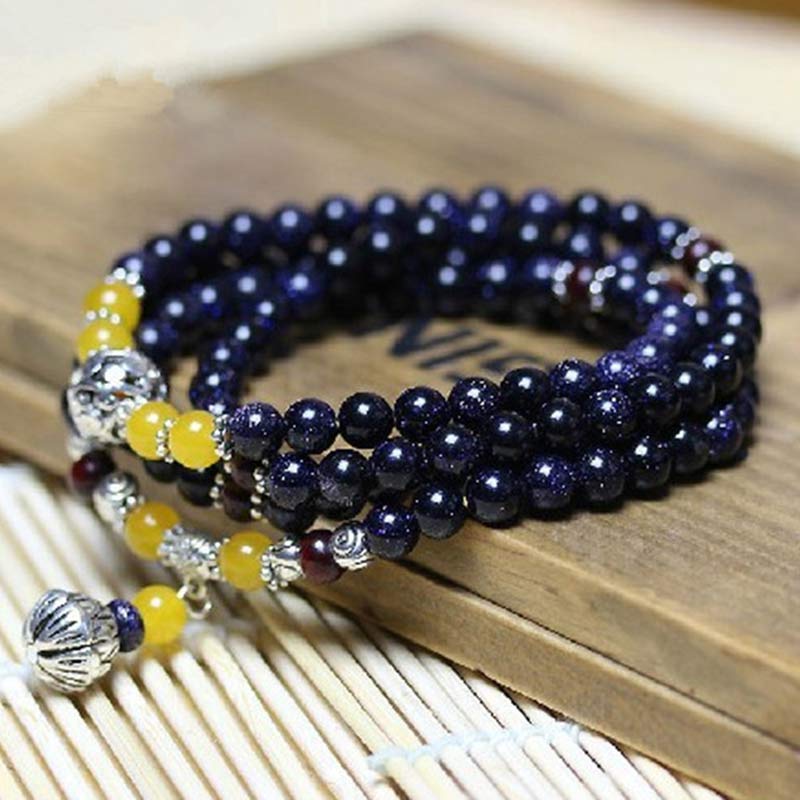 Bransoletka z zawieszkami bogactwa z niebieskiego piaskowca i Buddha Stones Mala