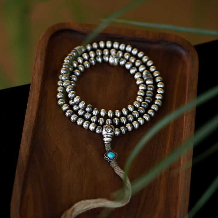 Buddha Stones 108 Mala Beads 925 Srebro Sterling Czerwony Agat Turkusowy Bransoletka z Zawieszką Pewności