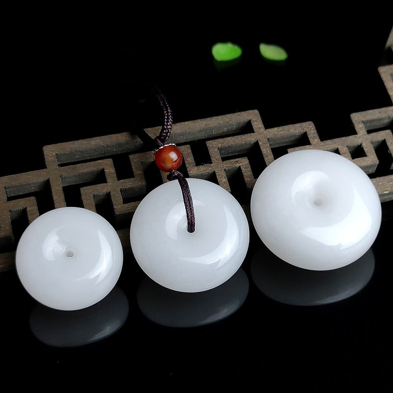 Buddha Stones Okrągły Hetian Biały Jadeit Klamra Pokoju Błogosławieństwo Naszyjnik Wisiorek