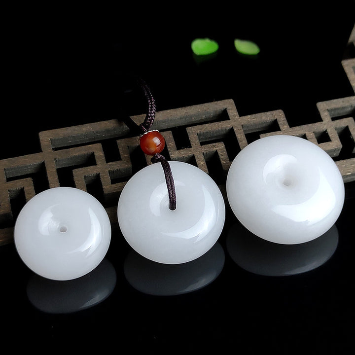 Buddha Stones Okrągły Hetian Biały Jadeit Klamra Pokoju Błogosławieństwo Naszyjnik Wisiorek