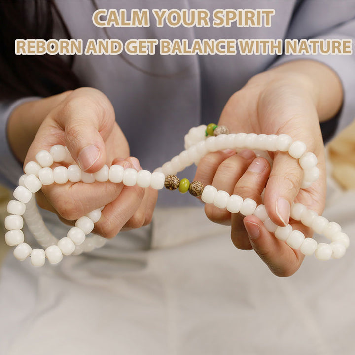 Buddha Stones Biały Jadeit Bodhi Lotus Mala Harmony Naszyjnik Bransoletka