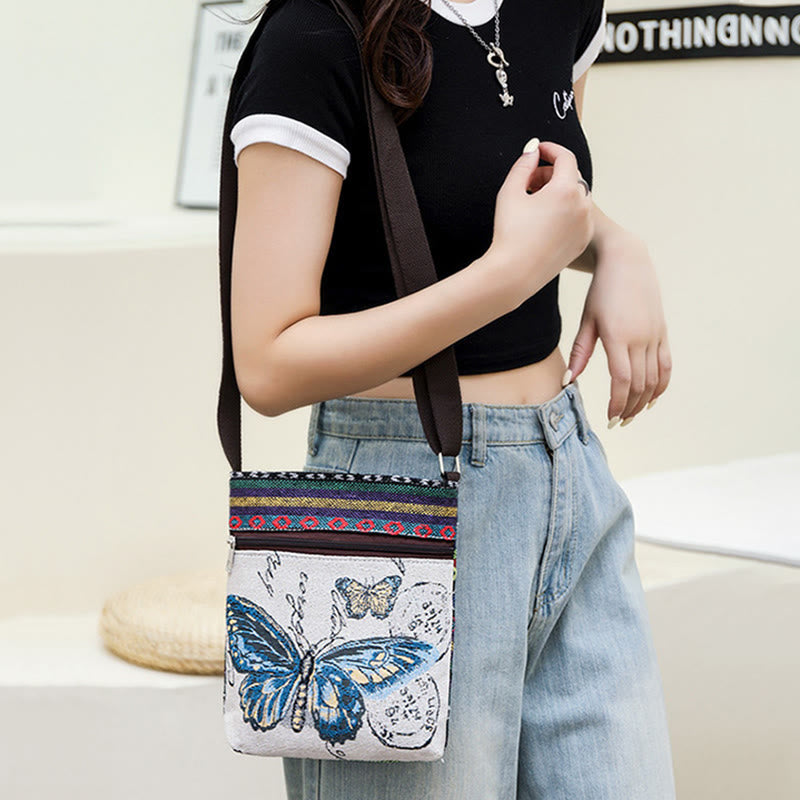 Buddha Stones Słoń Motyl Haftowana Płócienna Torba Tote Torba Na Ramię Torba Crossbody