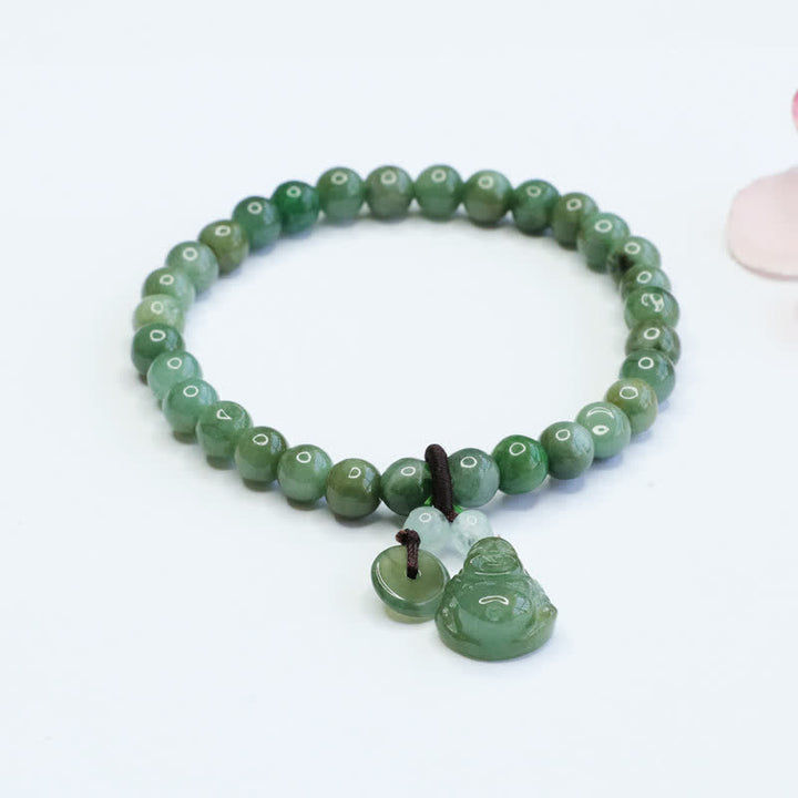 Buddha Stones Śmiejący się Budda Cyjan Jade Bransoletka lecznicza