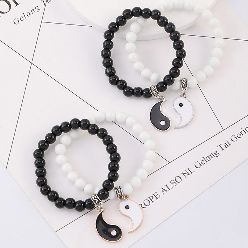 Buddha Stones 2szt. Czarny Onyks Biały Turkus Koralik Yin Yang Ochrona Para Bransoletka