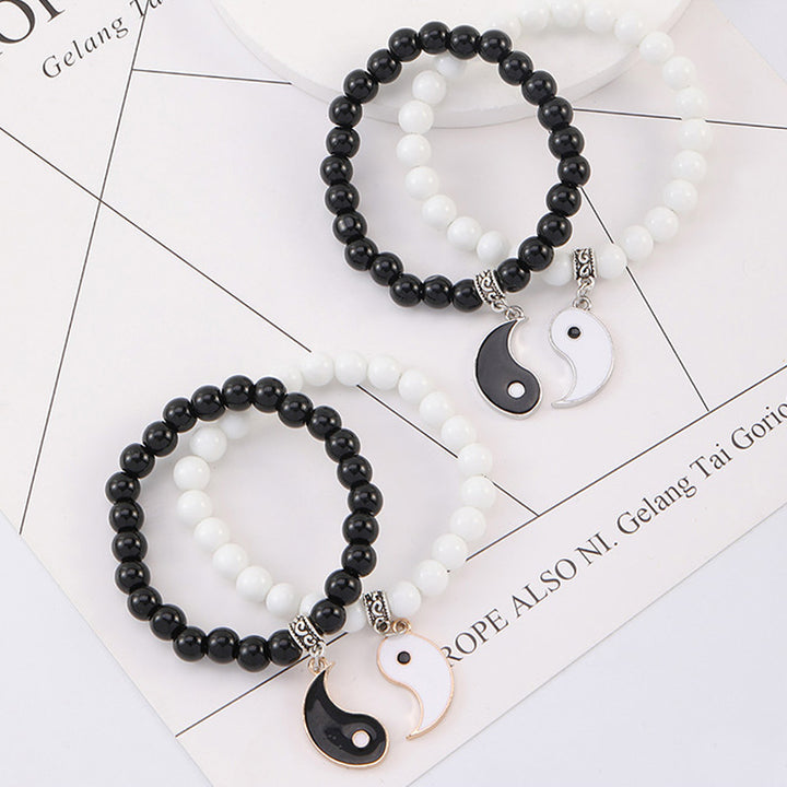 Buddha Stones 2szt. Czarny Onyks Biały Turkus Koralik Yin Yang Ochrona Para Bransoletka