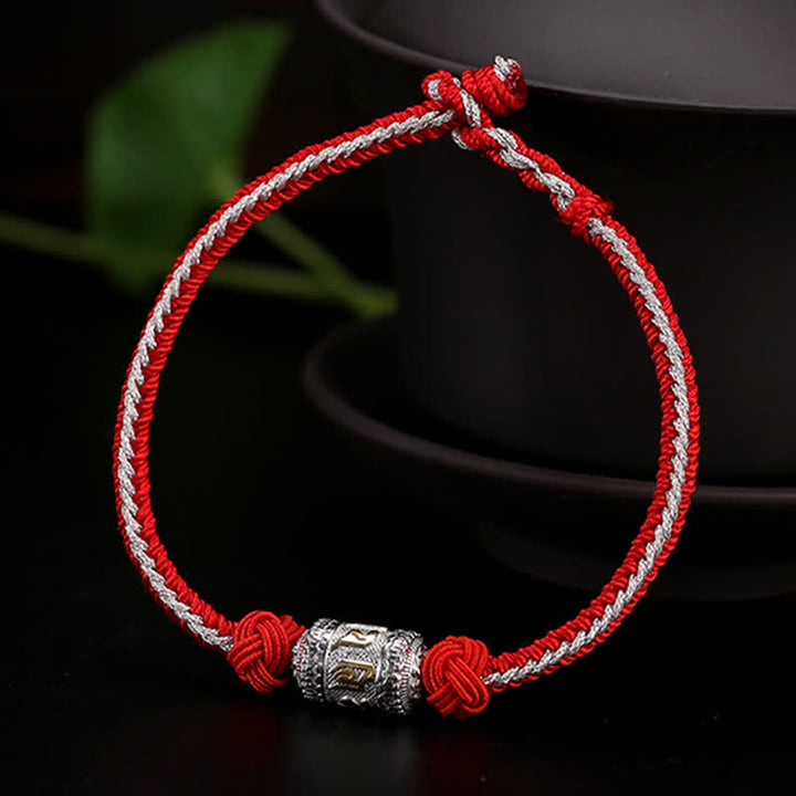 Buddha Stones 925 Srebro Sterlingowe Om Mani Padme Hum Koło Modlitewne Szczęście Siła Bransoletka z Czerwonego Sznurka