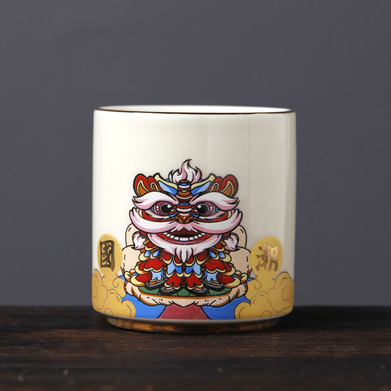Buddha Stones Ceramiczne filiżanki do herbaty Vintage Plum Blossom Pine Bamboo Phoenix Kirin Lion Dancing