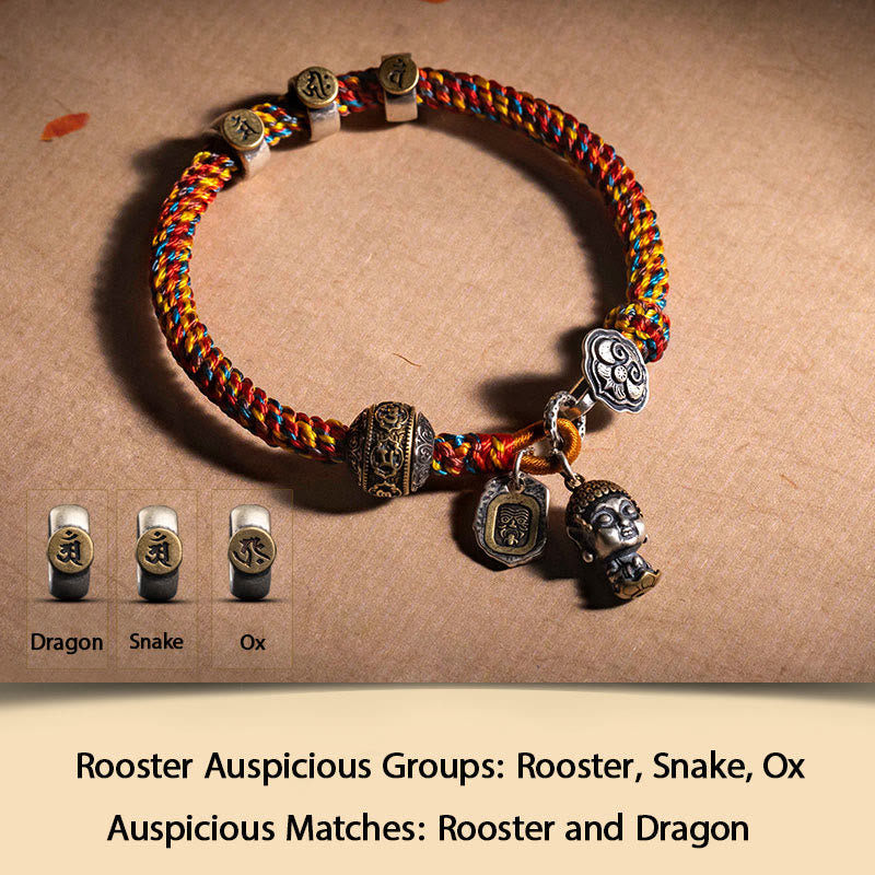 Buddha Stones Ręcznie robione Tybetańskie 925 Srebro Chiński Zodiak Natal Budda Zakiram Bogini Ochrony Bogactwa Wielokolorowa Bransoletka Pleciona Lina