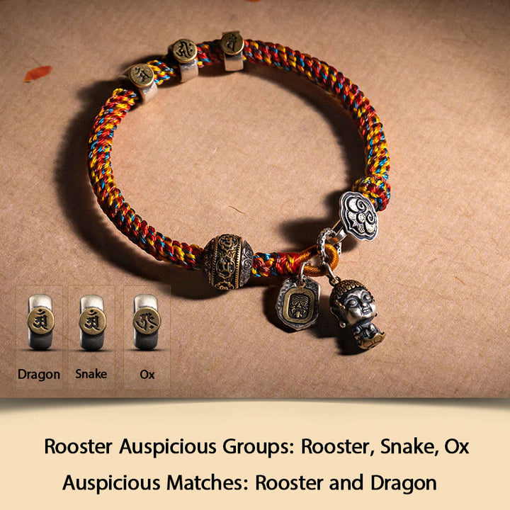 Buddha Stones Ręcznie robione Tybetańskie 925 Srebro Chiński Zodiak Natal Budda Zakiram Bogini Ochrony Bogactwa Wielokolorowa Bransoletka Pleciona Lina