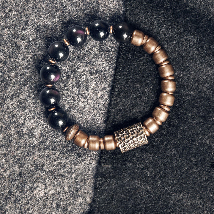 Bransoletka lecznicza z Buddha Stones , kamieniami lawowymi i tęczowym obsydianem i mosiądzem - Tęczowy obsydian i mosiądz - 17-17,5 cm - image 10