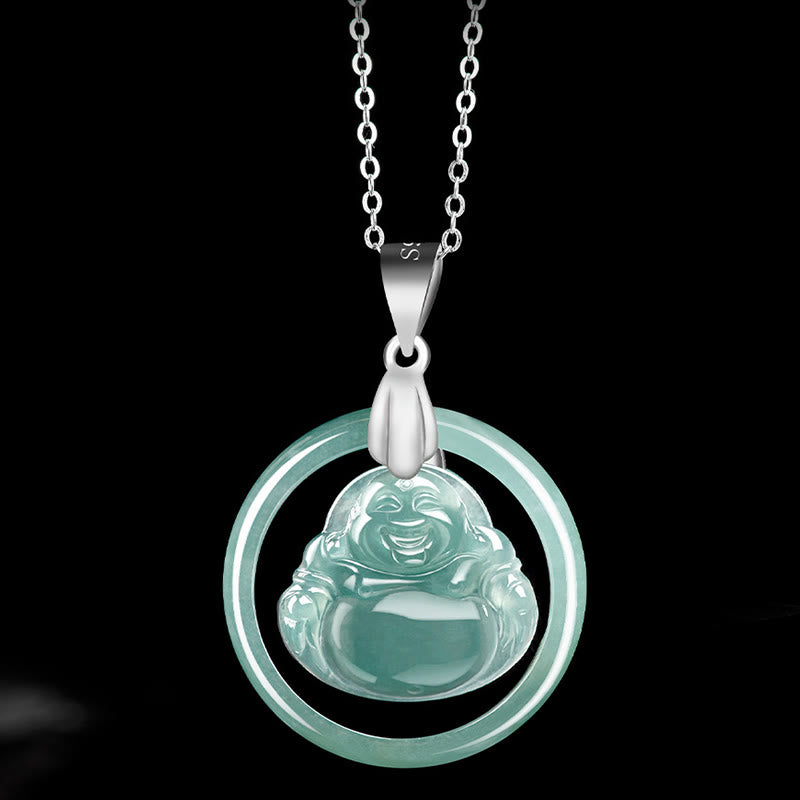 Buddha Stones 925 Srebro Sterlingowe Naturalny Jade Okrągły Śmiejący Się Budda Obfitość Naszyjnik Łańcuch Wisiorek