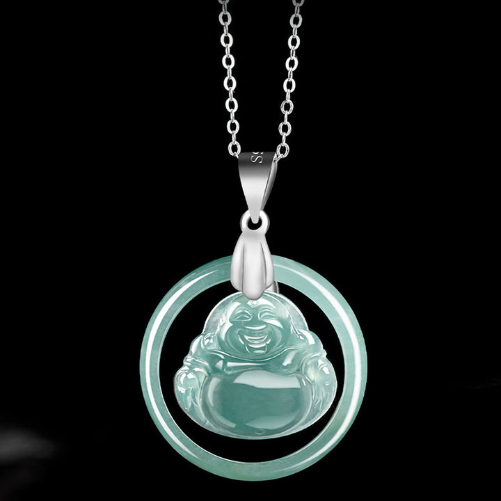 Buddha Stones 925 Srebro Sterlingowe Naturalny Jade Okrągły Śmiejący Się Budda Obfitość Naszyjnik Łańcuch Wisiorek