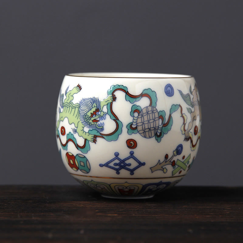 Buddha Stones Ceramiczne filiżanki do herbaty Vintage Plum Blossom Pine Bamboo Phoenix Kirin Lion Dancing