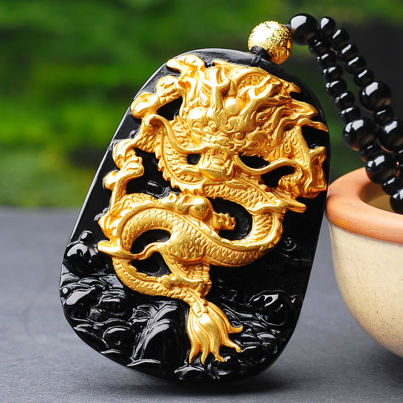 Naszyjnik z zawieszką na szczęście z Buddha Stones 18k pozłacany smokiem obsydian - image 2