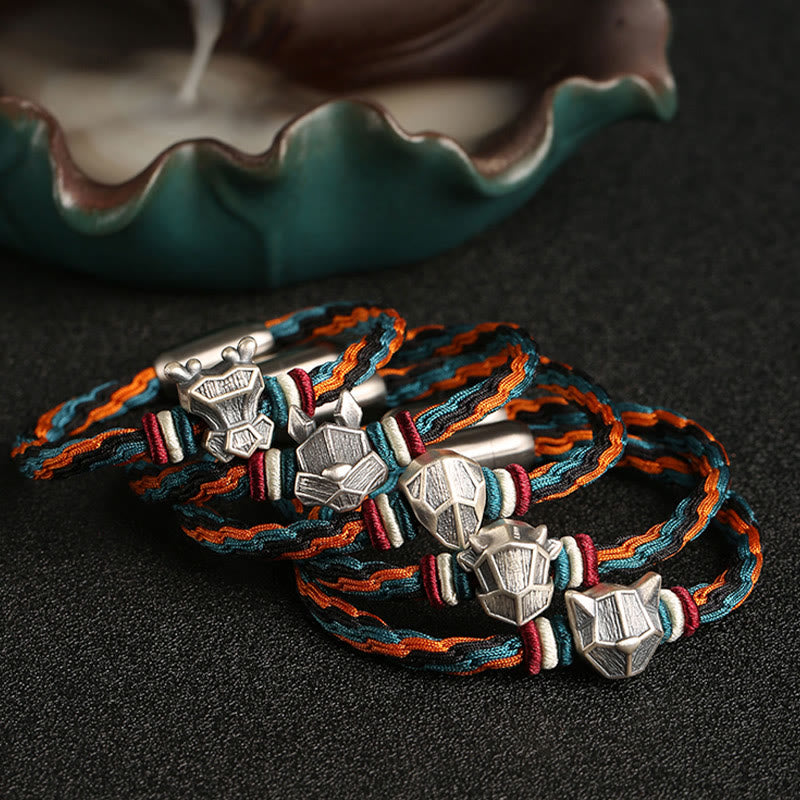 Buddha Stones Ręcznie robione 999 Srebro Sterling Rok Smoka Chiński Zodiaku Ochrona Kolorowa Reinkarnacja Węzeł Liny Bransoletka