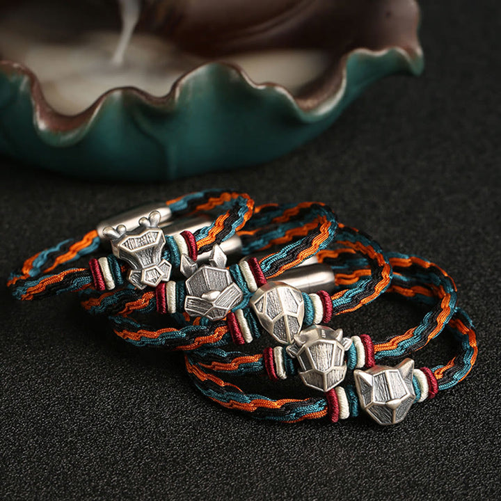 Buddha Stones Ręcznie robione 999 Srebro Sterling Rok Smoka Chiński Zodiaku Ochrona Kolorowa Reinkarnacja Węzeł Liny Bransoletka