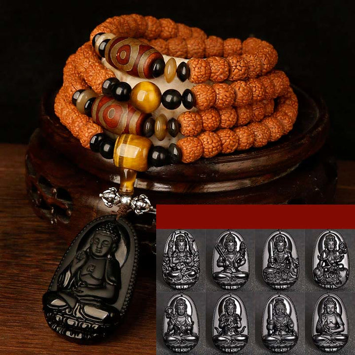 Tybet 108 Mala Beads Rudraksha Bodhi Seed Chinese Zodiac Natal Buddha Wealth Charm Bracelet