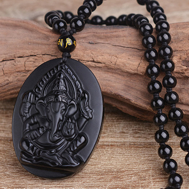Buddha Stones Tybetański Obsydian Ganesh Ganpati Słoń Bogactwo Amulet Naszyjnik