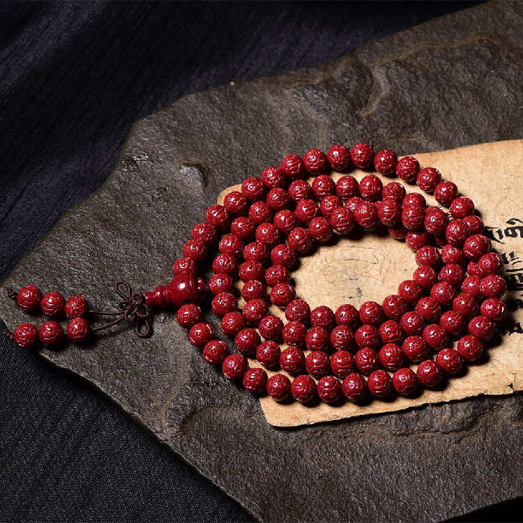 Buddha Stones 108 Mala Koraliki Cynober Om Mani Padme Hum Wzór Grawerowana Bransoletka Błogosławieństwa