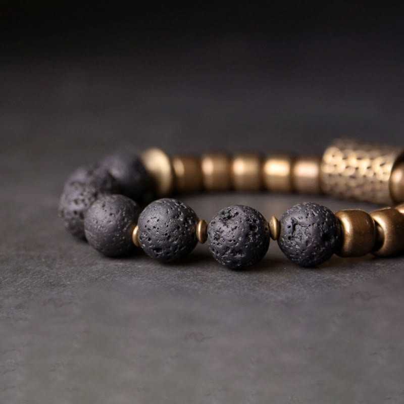 Bransoletka lecznicza z Buddha Stones , kamieniami lawowymi i tęczowym obsydianem i mosiądzem - image 2
