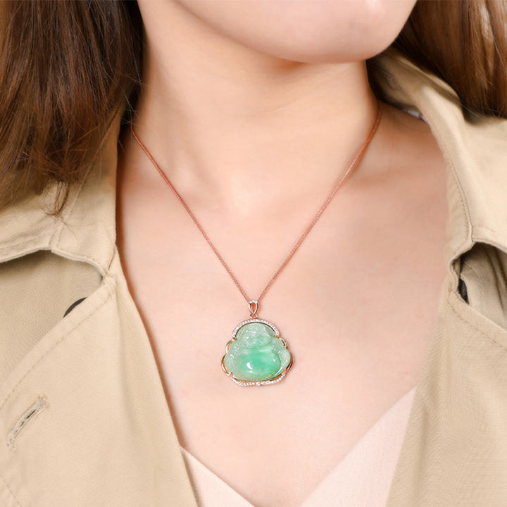 925 Srebrny naszyjnik z naturalnym jadeitem i śmiejącym się Buddą, łańcuszek z wisiorkiem - image 2